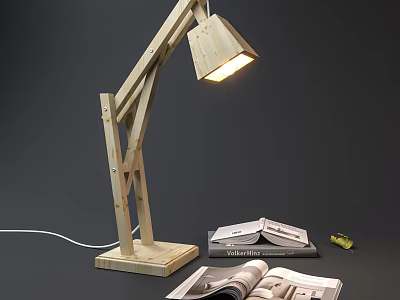 Wooden Table Lamp with Adjustable Arm Warm Light and Open Books Magazines 3d model