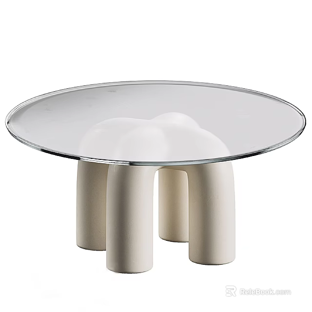 Round Coffee Table With Glass Top And White Cylindrical Legs Modern Design 3d model 
