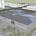 Modern Architectural Building With Glass Facade Blue Roof Public Square And Trees