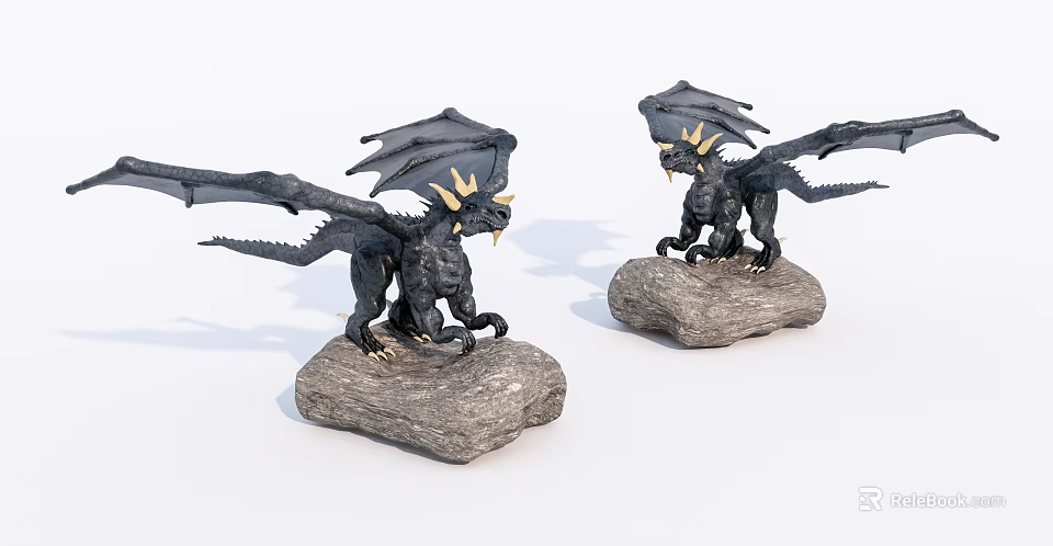 Black Dragon Decorative Figurine Set with Yellow Horns Wings and Stone Bases 3d model 
