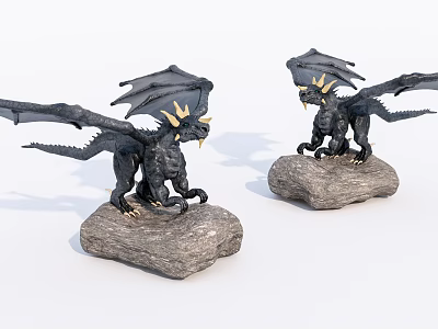 Black Dragon Decorative Figurine Set with Yellow Horns Wings and Stone Bases 3d model