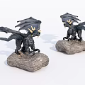 Black Dragon Decorative Figurine Set with Yellow Horns Wings and Stone Bases