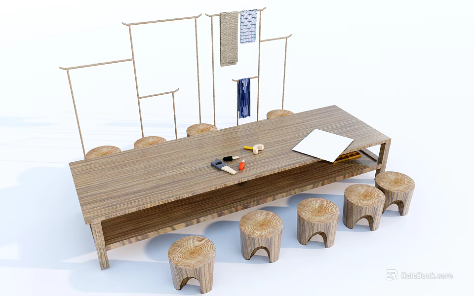 Wooden Long Table with Stump Stools and Simple Wall Decor Setup 3d model