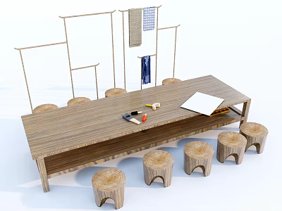 Wooden Long Table with Stump Stools and Simple Wall Decor Setup 3d model