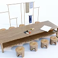 Wooden Long Table with Stump Stools and Simple Wall Decor Setup 3d model