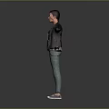 A woman with arms outstretched wearing black leather jacket gray t-shirt green pants white sneakers