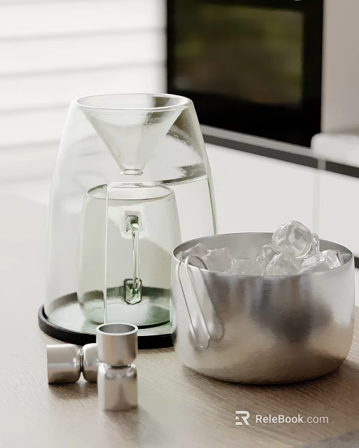 Decorative Ornament Set With Glass Funnel Small Glass Cup Silver Ice Bucket Holding Ice Cubes 3d model 