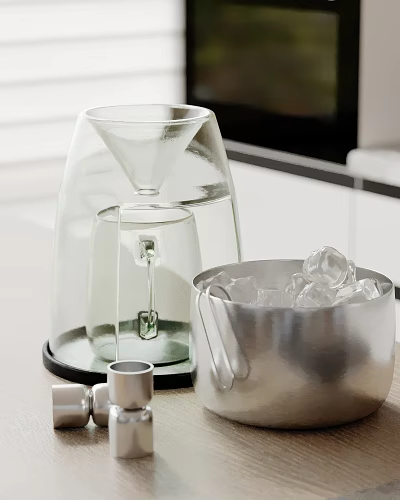 Decorative Ornament Set With Glass Funnel Small Glass Cup Silver Ice Bucket Holding Ice Cubes 3d model