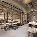Hotpot Restaurant Interior With Rattan Pendant Lights Wooden Tables And Decorative Wall