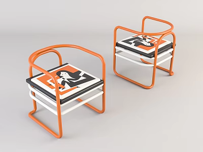 Modern Children's Chairs With Orange Curved Frame Armrests And Illustrated Seat Cushions 3d model