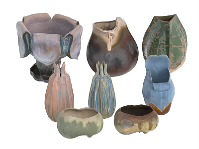 Handcrafted Ceramic Vessels Featuring Diverse Shapes and Artistic Textures for Home Decor 3d model