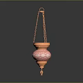 Traditional Hanging Lighting Combination With Carved Pink Metal Shades And Decorative Chains