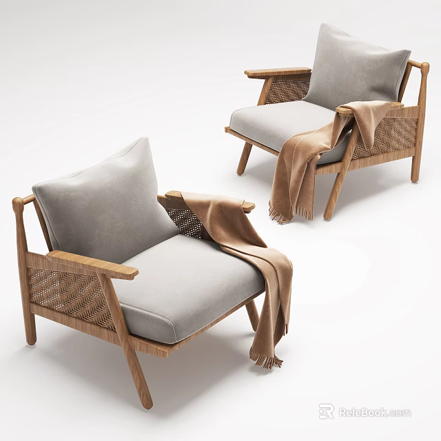 Modern Single Sofa With Wooden Frame Rattan Details Light Gray Cushion And Throw Blanket 3d model 