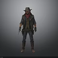 Man in Cowboy Outfit with Brown Hat Red Bandana Vest and Revolver