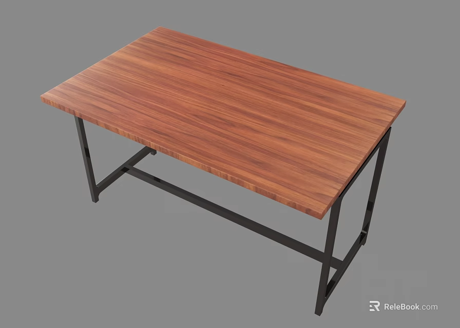 Modern Home Office Desk With Wooden Tabletop And Black Metal Frame 3d model 