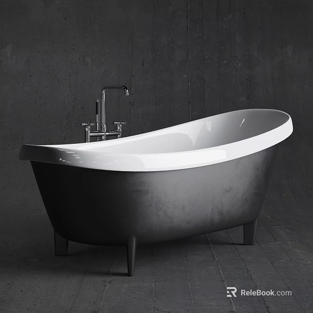 Modern Freestanding Bathtub With Black And White Design And Metal Faucet On Gray Wall Background 3d model 