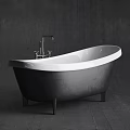 Modern Freestanding Bathtub With Black And White Design And Metal Faucet On Gray Wall Background