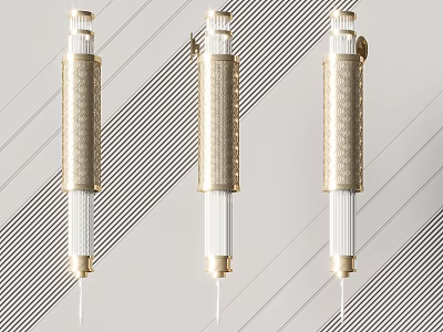 Elegant Three Gold Wall Lamps With Textured Frame And White Shades Mounted On Wall 3d model