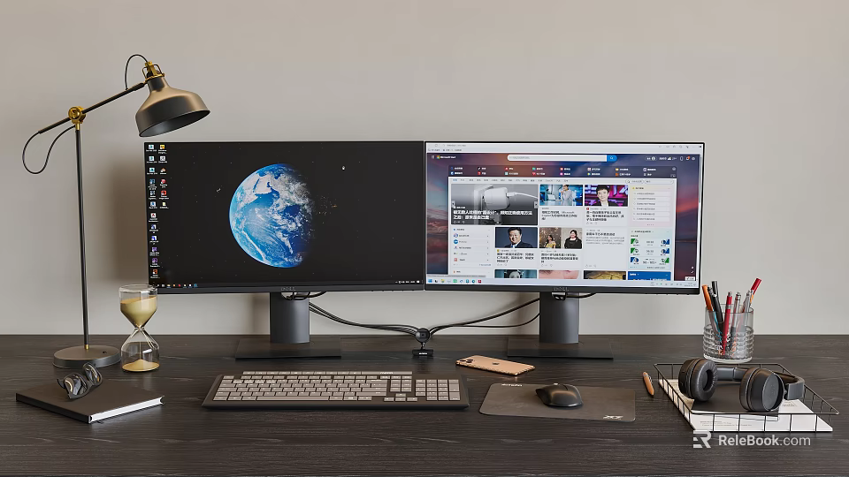 Dual Computer Monitors Desktop Setup With Earth Wallpaper Keyboard And Mouse Accessories 3d model 
