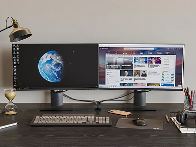 Dual Computer Monitors Desktop Setup With Earth Wallpaper Keyboard And Mouse Accessories 3d model