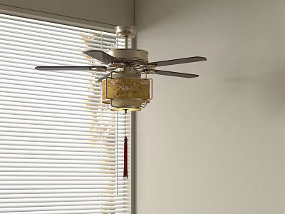 Classic Ceiling Fan With Blades Light Fixture And Red Tassel Near Window Blinds 3d model