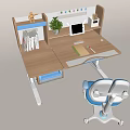 Modern Home Office Desk With Built in Bookshelf Laptop Potted Plant And Ergonomic Chair