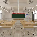 School Classroom With Neat Desks Chairs Blackboard Hanging Flags Ceiling Fans Windows And Bulletin Boards