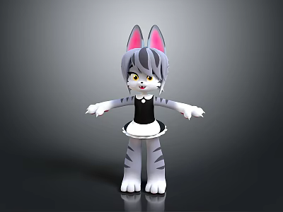 Cartoon Cat Character With Gray Striped Fur Pink Ears And Black Maid Dress 3d model
