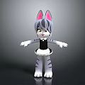 Cartoon Cat Character With Gray Striped Fur Pink Ears And Black Maid Dress