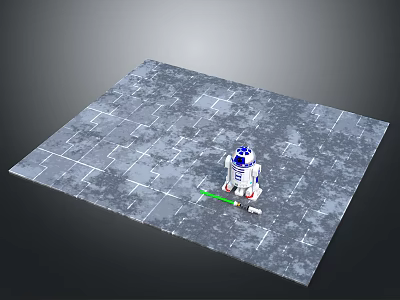 Blue And White Robot Character With Small Green Creature On Gray Stone Tiles 3d model