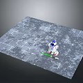 Blue And White Robot Character With Small Green Creature On Gray Stone Tiles