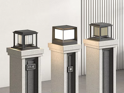 Outdoor Lantern Lights With Square Black Frame On Stone Pillars For Residential Entrance 3d model