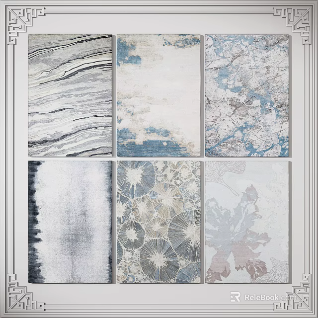 Modern Square Rugs Featuring Various Artistic Patterns in Blue White Tones 3d model