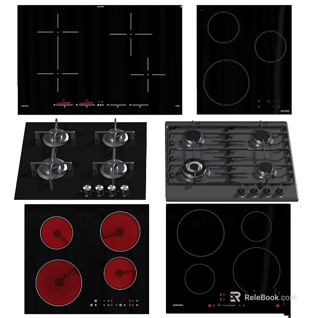 Various Electric And Gas Kitchen Cooktops With Black Surface Heating Zones And Control Knobs 3d model