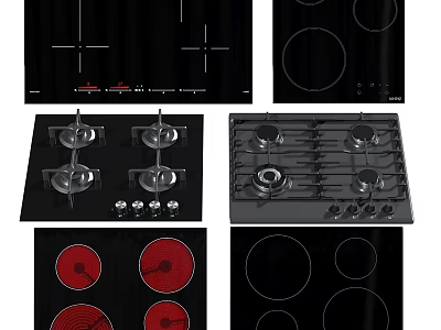 Various Electric And Gas Kitchen Cooktops With Black Surface Heating Zones And Control Knobs 3d model
