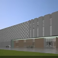 Modern Industrial Factory Building With White Geometric Facade Large Glass Windows And Front Lawn