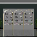 Perfume Cosmetics Display On White Arched Shelves With Gold Trim And Green Plants