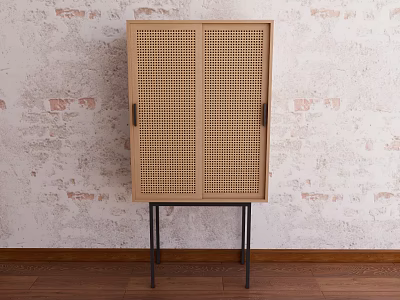 Minimalist Wooden Entryway Cabinet Sideboard With Woven Doors And Black Metal Legs 3d model