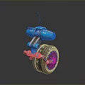 Detailed Blue Mechanical Robot Character With Wheel Antenna And Arm Design