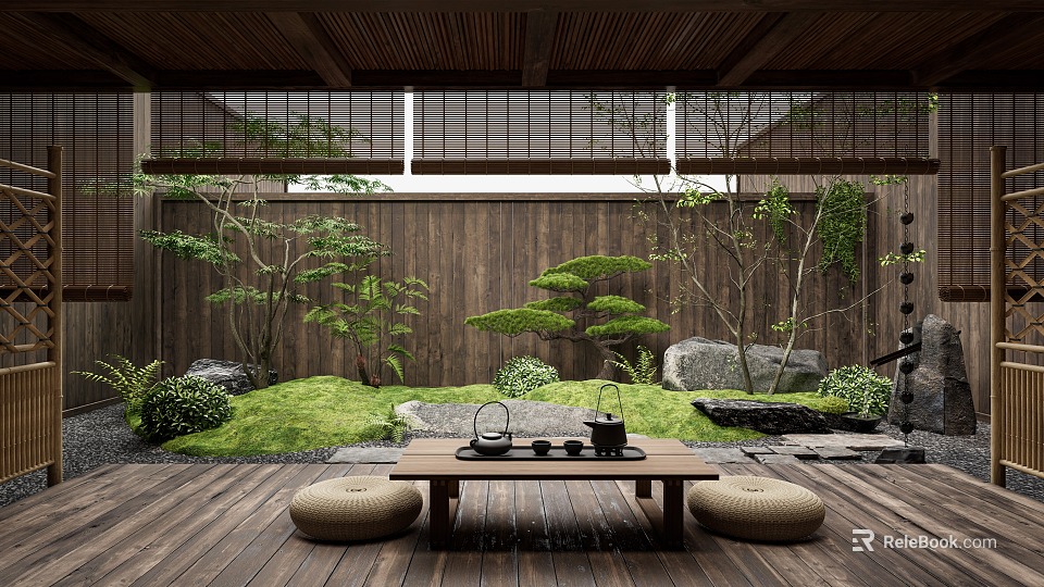 Tranquil Courtyard Garden With Wooden Ceiling Fence Lush Greenery Stones Tea Table And Floor Cushions 3d model 