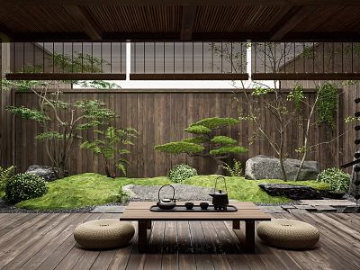 Tranquil Courtyard Garden With Wooden Ceiling Fence Lush Greenery Stones Tea Table And Floor Cushions 3d model