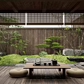 Tranquil Courtyard Garden With Wooden Ceiling Fence Lush Greenery Stones Tea Table And Floor Cushions