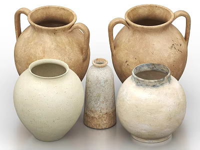 Natural Toned Ceramic Vessels with Handled Jugs and Speckled Round Vases 3d model