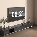 Modern TV Stand in Contemporary Living Room with Wall Mounted TV Plants and Books