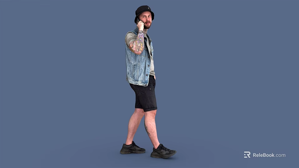 Tattooed man wearing black hat denim vest black shorts talking on phone with blue background 3d model 