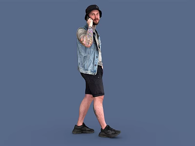 Tattooed man wearing black hat denim vest black shorts talking on phone with blue background 3d model