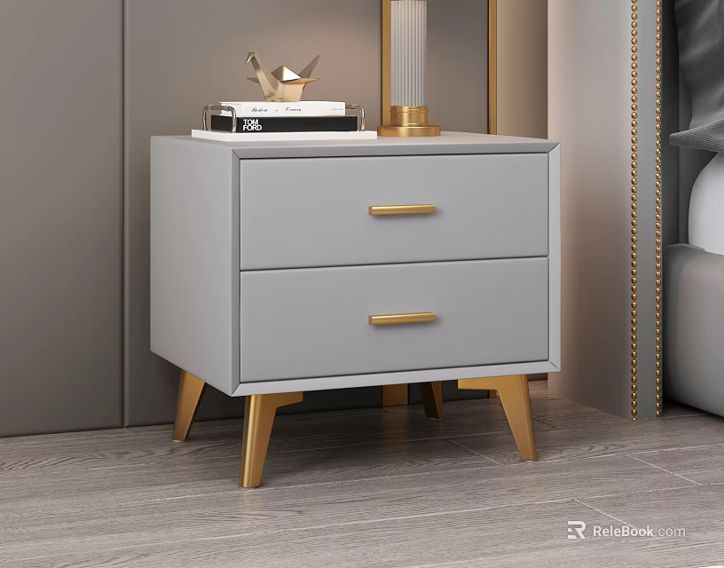 Modern Gray Bedside Table With Two Drawers Gold Handles And Table Lamp On Top 3d model 