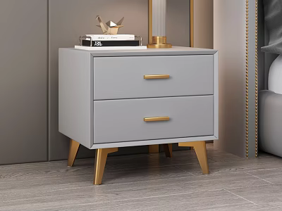 Modern Gray Bedside Table With Two Drawers Gold Handles And Table Lamp On Top 3d model