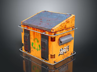 Yellow Recycling Bin For Household Use With Green Symbol And Metal Frame 3d model