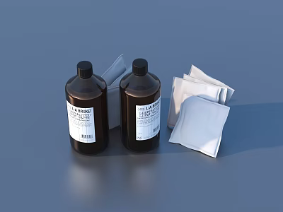 Cleansing Bottles With White Labels And Sachets For Daily Living Essentials 3d model